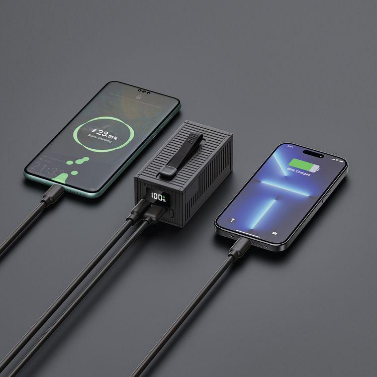  Green Lion Container 10000mAh Power Bank with 4 in 1 Charging Cable, Built-in Flashlight, Digital Display, PD20W Fast Charging, QC3.0 22.5W, Built-in Carry Strap - Black