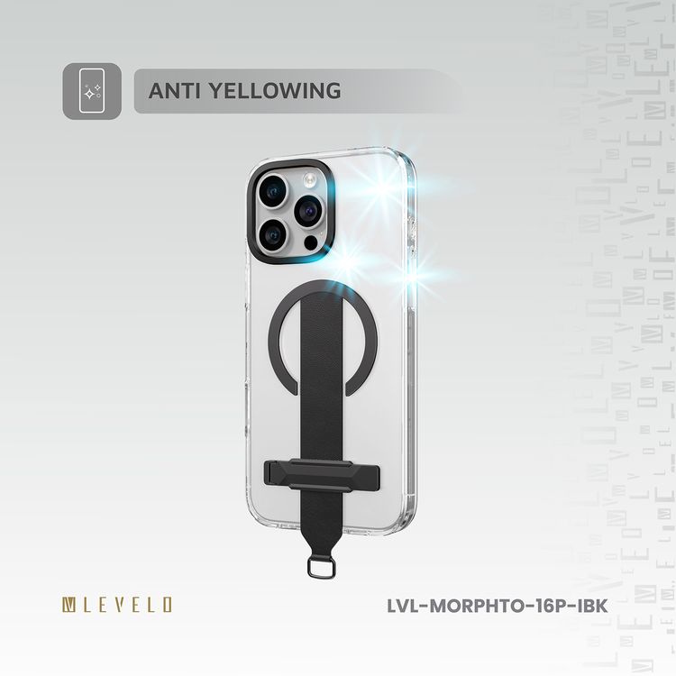 Levelo Morphix Trio Case for iPhone 16 Pro with Built-in Kickstand, Metal Camera Edge, MagSafe Compatible, Impact-Resistant Corners, Grip Strap & Metal Hook, Anti Yellowing - Ink Black