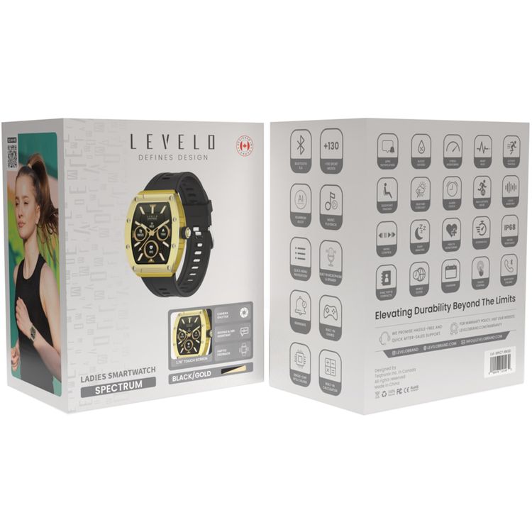 Levelo Spectrum Ladies Smart Watch with 1.76" Touch Screen Size, Aluminum & ABS Material, 300mAh Battery Capacity, Up to 6 Days Working Time, Up to 20 Days Standby Time, Built-in Microphone & Speaker - Black / Gold