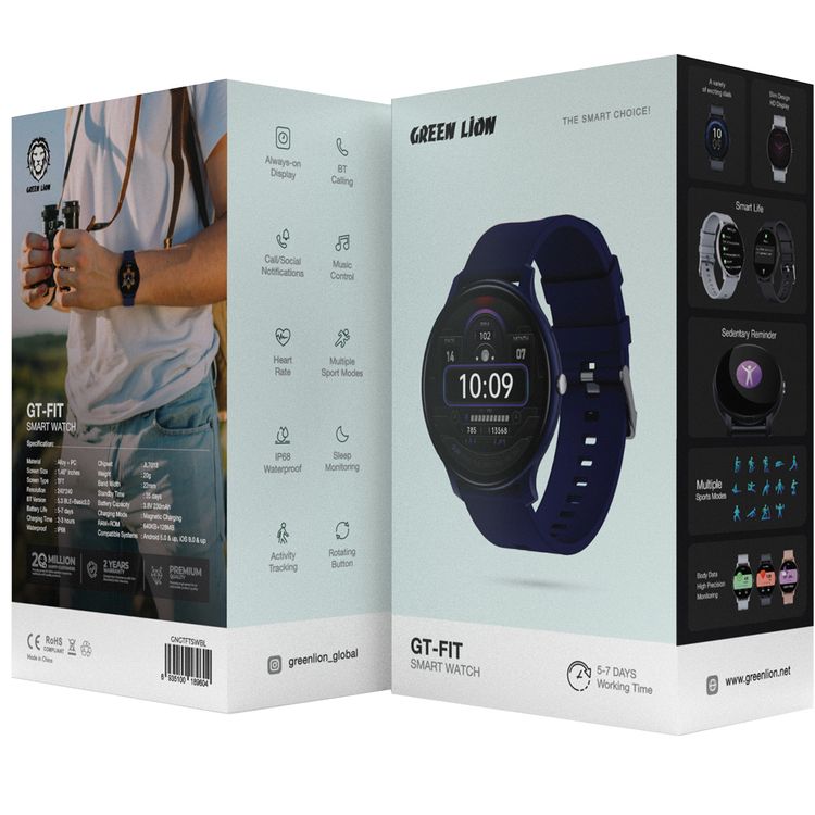 Green Lion GT-FIT Smart Watch, Activity Tracking, Sleep Monitoring, Rotating Button, 5 to 7 Days Battery Life, Multiple Sport Modes, Water Proof, 35 Days Standby Time, Call / Social Notifications - Blue
