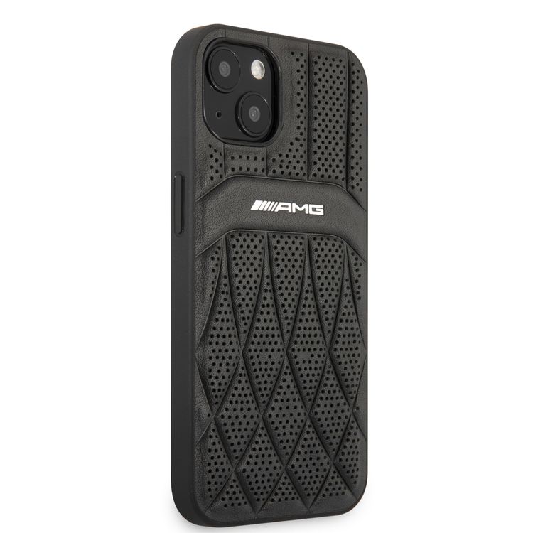 CG MOBILE AMG Genuine Leather Case With Perforated Black Leather Curved Lines Hot Stamped With Logo Compatible for iPhone 13 (6.1") Easy Access to All Ports