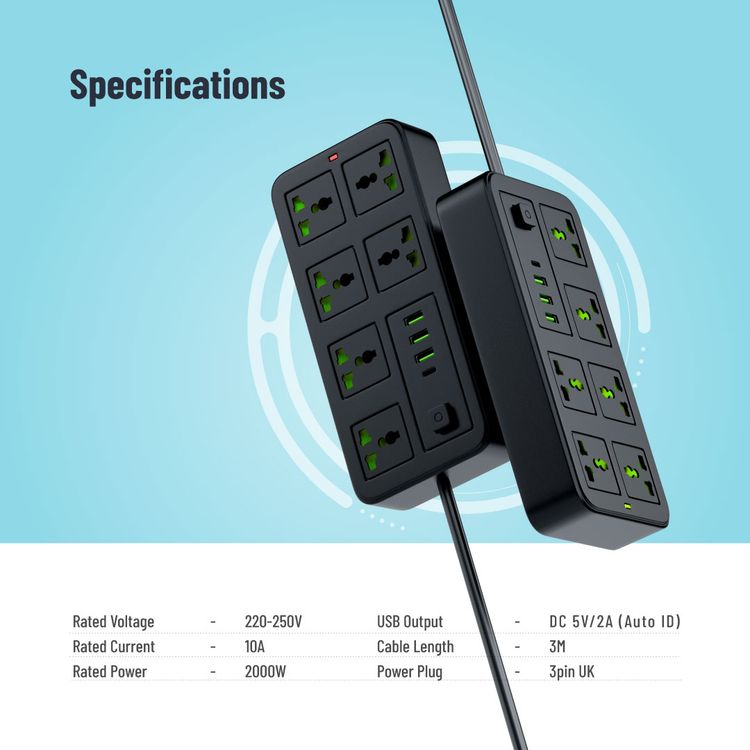 Porodo Blue 6 AC Universal Sockets Power Strip with Type-C, 3 USB-A UK, 3m Cable Length, Universal Sockets - Black