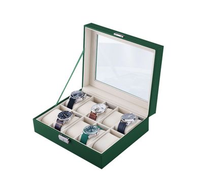 Green Lion classic Watch Box 10 Slots with Glass, Lightweight & Portable, Elegant Appearance, Metal Push Button, 10 Pillow-lined Spaces - Green