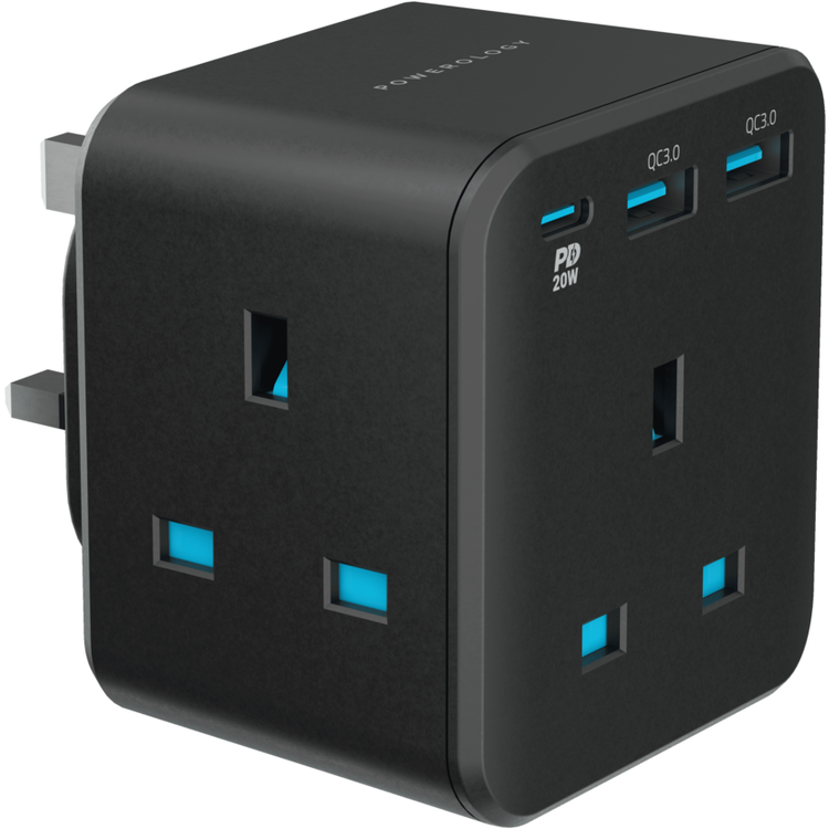 مقبس جداري باورولوجي بثلاثة مخارج مع شحن سريع USB - أسود