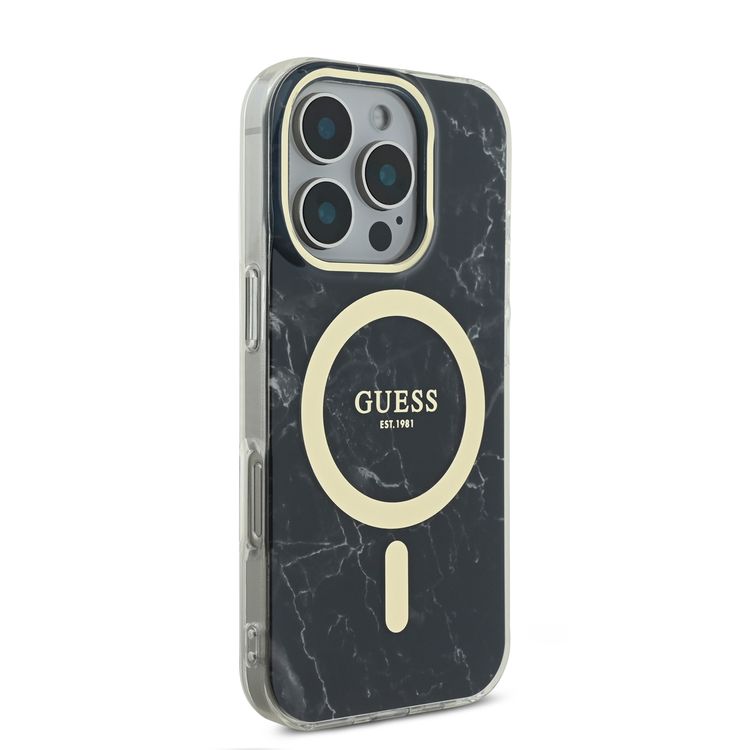 Guess Magsafe IML Hard Case with Marble Design for iPhone 16 Pro Max, Comfortable Grip, Easy Snap-On, Precise Port Cutouts - Black