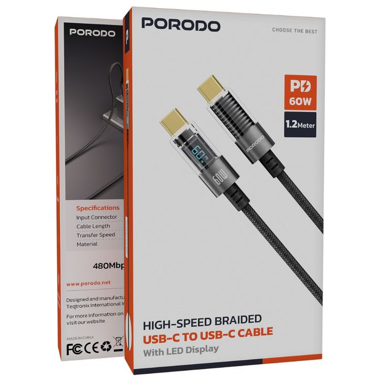 Porodo Transparent Braided USB-C to USB-C Cable for Charging & Data Transferring, High-Grade Components, Tangle Free, 480 Mbps Data Transfer Speed - Black