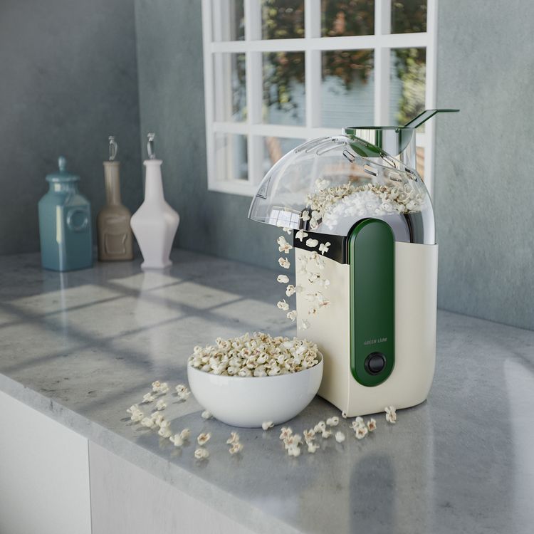 Green Lion Pop Mate Popcorn Maker, 2-3 Minutes Popping Time, 10-15 Minutes Cool Down Time, 1200W Rated Power, 75cm UK 3-Pin Plug, Easy-to-Clean & Store, Hot Air Circulation, Cool-Touch Exterior - White