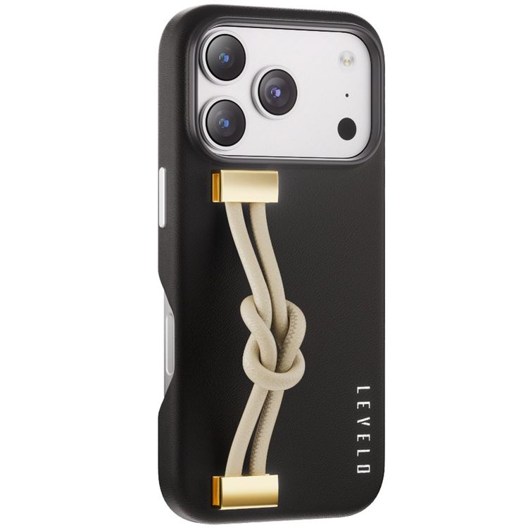 Levelo Polaris PU Leather Case with Wrist-Strap Grip for iPhone 17 Pro Max, Microfiber Inner Lining, Raised Bezels for Camera & Screen, Shock-Resistant Bumper, Drop-Tested - Black