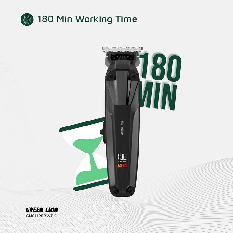 ماكينة قص الشعر الاحترافية جرين ليون كليب ماستر بشاشة LED ومفتاح تشغيل/إيقاف، ووقت عمل لمدة 3 ساعات، تعمل بسلك وبدون سلك، قوة 7200 دورة في الدقيقة، شفرة من الفولاذ المقاوم للصدأ، سعة بطارية 1200 مللي أمبير، يشمل أحجام مشط 1.5، 3، 4.5 مم - أسود.