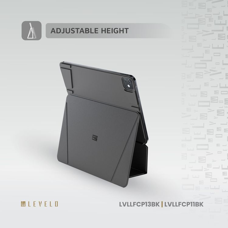 حافظة Levelo Luxora Folio لجهاز iPad Pro 13 بوصة، تتميز بقوة مغناطيسية عالية، تصميم متعدد الطيات، قابلية لتعديل الارتفاع - أسود