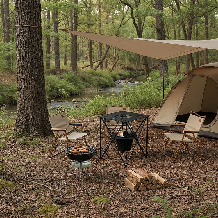 Porodo Outdoor Companion Foldable Camping Table with 4 Cup Holders & Insulated Cooler, Up to 20kg Load Capacity, PE Coated 600D Polyester Material, Stable X-Frame, Integrated Food Basket - Black