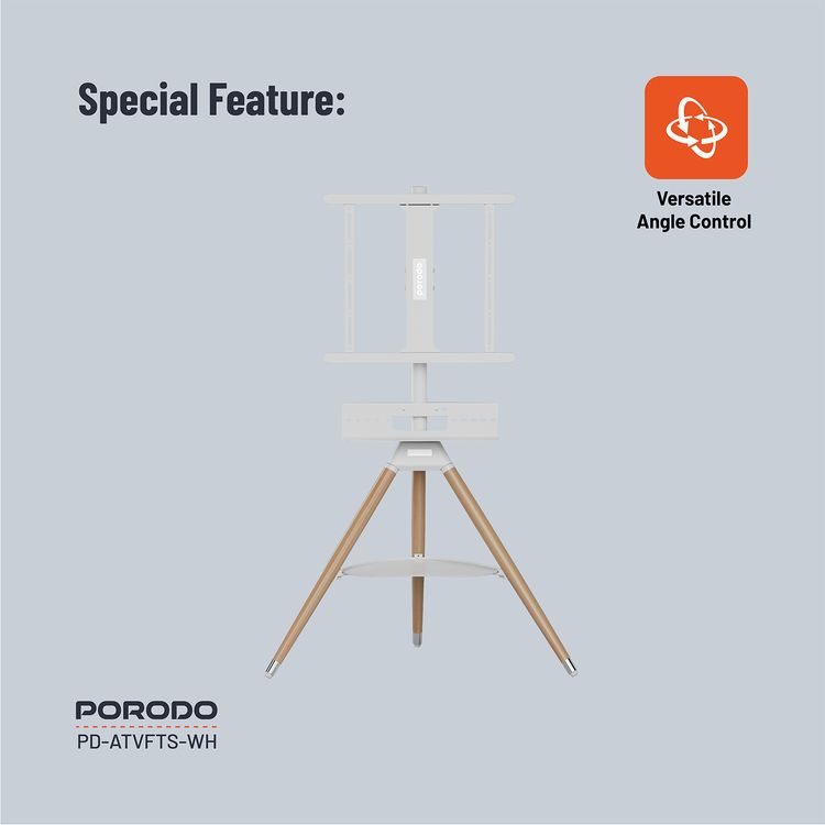 Porodo Wooden Tripod TV Stand with 35kgs Maximum Weight Capacity, 32"-65" Screen Compatibility, Media Device Storage, VESA Compatibility - White