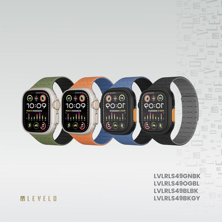 سوار سيليكون Levelo Royallink مزدوج اللون لساعة Apple مقاس 49/46 ملم، مصنوع من مادة مضادة للحساسية، يحتوي على 32 مغناطيس مدمج، مقاوم للماء والعرق، نظام تثبيت مغناطيسي قوي، سهل التركيب - أخضر / أسود.