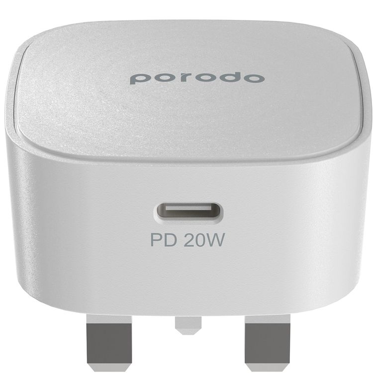 Porodo Super-Compact Fast Charger with Type-C to Lightning Cable, 20W USB-C Power Delivery, Overcurrent Protection, UK 3-Pin Plug, Fire Retardant Material, 0%-60% Charge in 30 Minutes - White