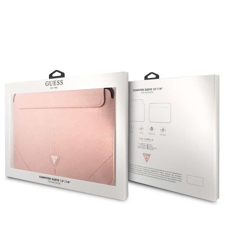 CG Mobile Guess GUCS14PSATLP Saffiano Computer Sleeve with Metal Triangle Logo 14" Protection Bag for or Macbook / Laptop up to 14 inches - Pink