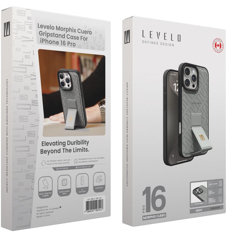كفر حماية ليفيلو مورفيكس كويرو بمسند لهاتف آيفون 16 برو، قبضة مدمجة، سهل التركيب، زوايا مقاومة للصدمات - رمادي