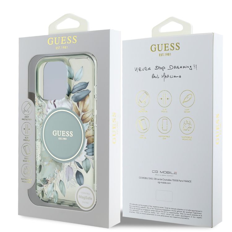Guess Magsafe IML Transparent Hard Case with Flower Design & Tonal Circle Logo for iPhone 16 Pro Max, Lightweight, High Quality Material - Green