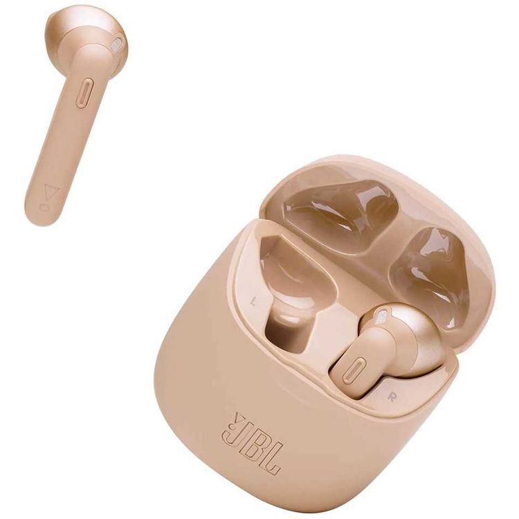 JBL T225 True Wireless Earbud Headphones, Pure Bass Sound, Bluetooth, 25-hours Battery Life, Dual Connect, Native Voice Assistant - Gold