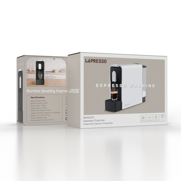 LePresso Baristo Espresso Machine with Powerful Italian Pump, 550mL Water Tank Capacity, 1200W Rated Power, Customizable Volume Control, Removable Drip Tray, Compatible with Nespresso Capsules - White