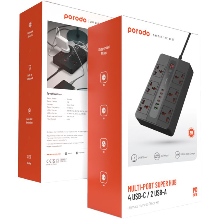 Porodo Multi-Port Super HUB Ultimate Home & Office Kit with 4 USB-C & 2 USB-A, 3m Cable Length, Universal Sockets, Built-in Safeguard, Over-Heat Protection - Black