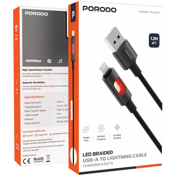 Porodo LED Braided USB-A to Lightning Cable with 12W Power Delivery, 1.2m Cable Length, Tangle-Free Design, High-Speed Data Transfer, Fast Charging Speed, Superior Durability - Black