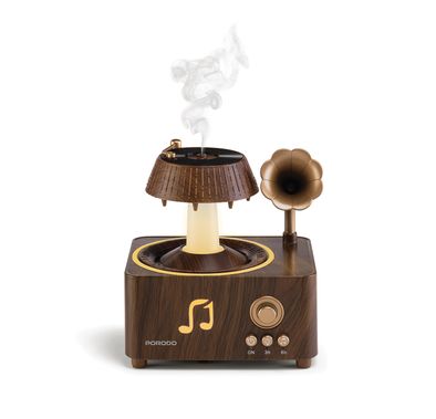 Porodo Concord Vintage Aroma Diffuser & Speaker with Simulate Raindrops, Colorful Lights, Remote Control, Rotating Raindrops, Built-in White Noise, Volume Control Dial, Instant Freshness, Delicate Moisture - Brown