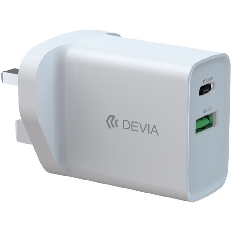 Devia Smart Series PD & QC Quick Charger UK 20W with Type-C to Lightning Cable 1M + USB to Type-C Cable 1M - White