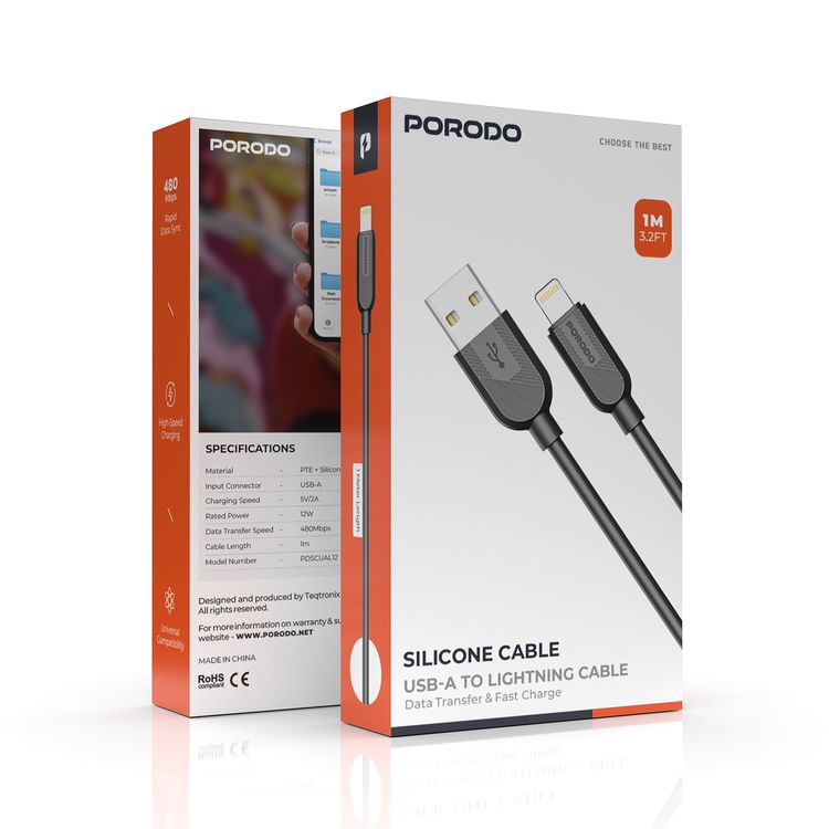 Porodo Silicone USB-A to Lightning Cable with Data Transfer, 12W Charging, Rapid Data Sync, PTE + Silicone Material - Black