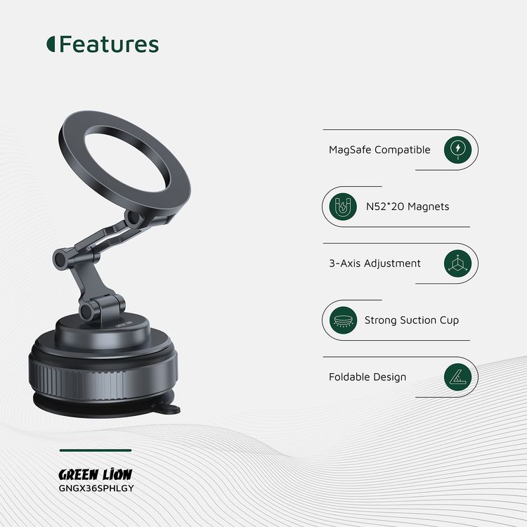 Green Lion GX-36 Suction Phone Holder with Strong Suction Cup, Manual Rotary Base, Foldable Design, 3-AXIS Adjustment, 360° Rotation,  20 × N52 Magnets, 1.5kg Adsorption Force - Gray