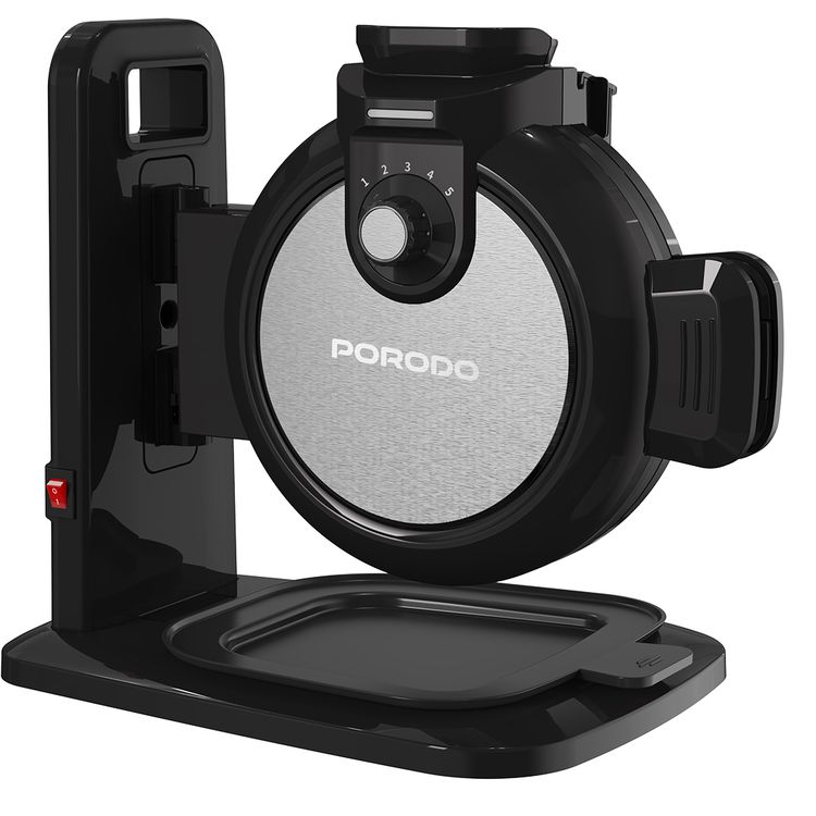 Porodo Vertical Waffle Maker with 5 Heat Levels, 210ml Capacity, 800W Power, Up to 5:30 Minutes Waffle Making Time, Non-Stick Plate, Batter Tray - Black