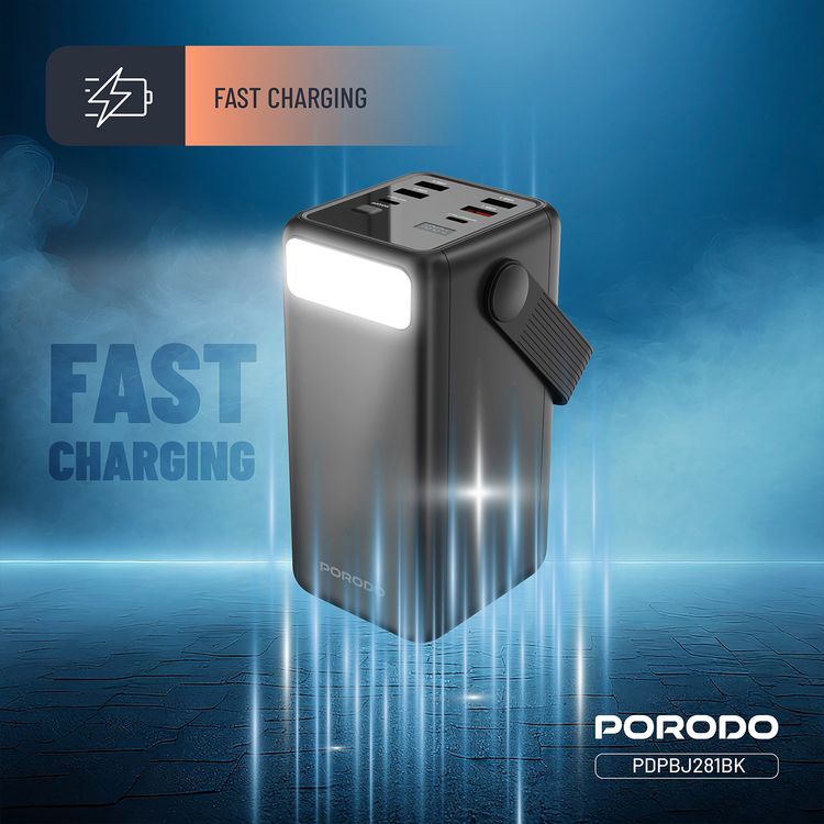 باور بانك بورودو لارا 50000 مللي أمبير/ساعة مع مصباح يدوي، مقبض محمول، PD 20 وات، شحن سريع، منفذين USB-A وUSB-C وMicro، 4 كابلات مدمجة، توافق عالمي - أسود