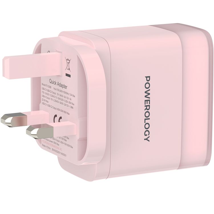 Powerology Lunex Series 3-Port Fast Charging Adapter with UK 3-Pin Power Plug, 65W PD USB-C Output, 22.5W QC USB-A Output, Multi-Device Charging, Powerful Laptop Charging, Universal Protocol Support - Pink