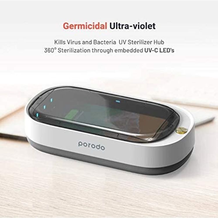 UV Disinfection Box By Porodo for Mobile Phone, Face Mask ,Sterilizer Small Portable Sterilizer, Suitable For All Smart Phones, Jewelry, Car Keys, Watches And Glasses - White