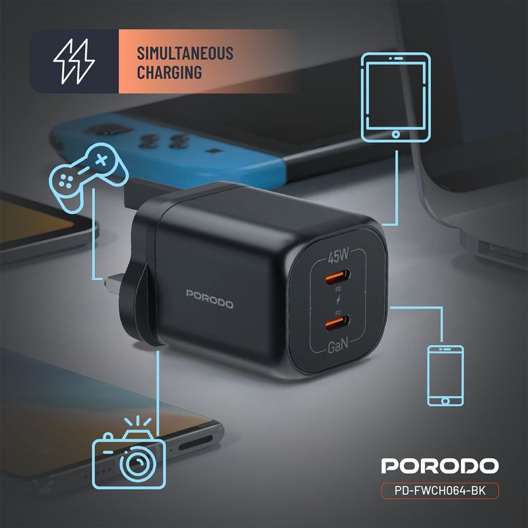 Porodo شاحن حائط سريع بمنافذ USB-C مزدوجة بقدرة 45 واط وتوصيل الطاقة، بتيار أقصى 0.5 أمبير، مزود بحمايات مدمجة، قابس بثلاثة دبابيس للمملكة المتحدة، شحن متزامن، بتقنية GaN - أسود