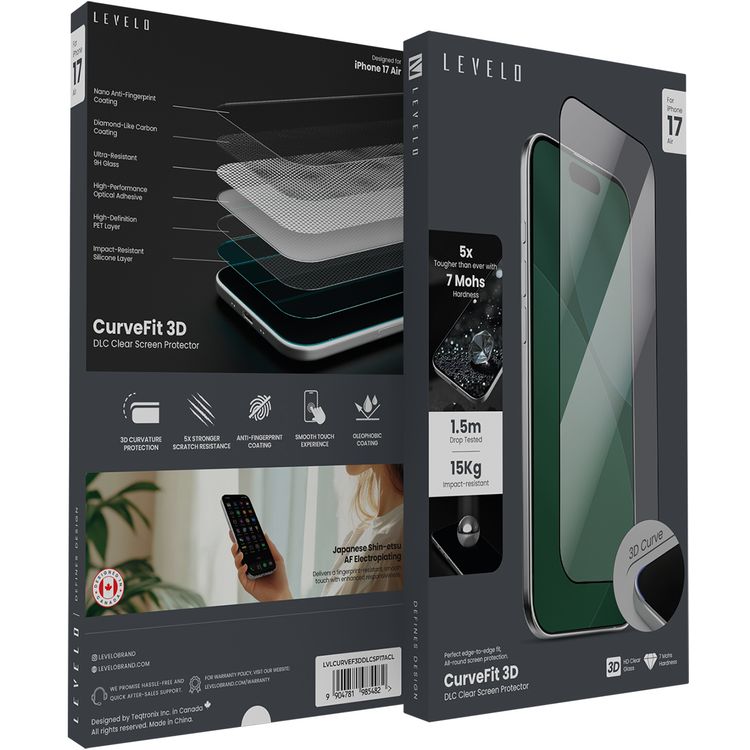 Levelo Curve Fit 3D DLC Clear Screen Protector for iPhone 17 Air, High-Performance Optical Adhesive, Impact-Resistant Silicone Layer, Edge-to-Edge Fit, Smooth Touch Experience, Anti-Fingerprint, Oleophobic Coating - Clear
