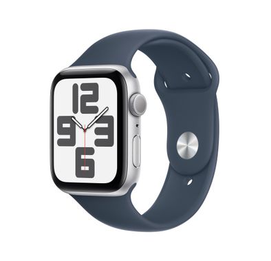 Apple Watch SE 2023 [GPS 44mm] هيكل من الألومنيوم الفضي مع حزام رياضي باللون الأزرق العاصف | م/ل 