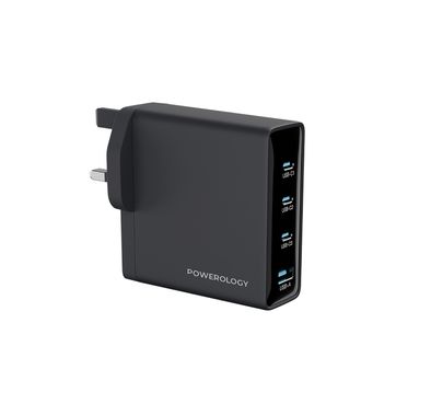 Powerology Volt-X 200W Multi-Port GaN Adapter with Heat Resistant Housing, Ultra-Fast Charging, Multi-Device Charging, QC 30W, 3 × USB-C Ports & 1 × USB-A Port, UK 3-Pin Plug - Black