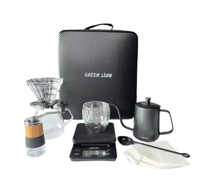 Green Lion G-40 Coffee Maker Set with Manual Grinder, Glass Dripper, Coffee Spoon, Timer Scale - Black