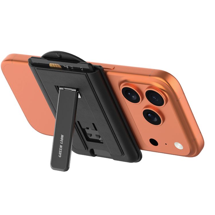 Green Lion Mag Wallet Kickstand Card Holder with 2-Card Storage, Ultra-Slim Profile, Aluminum Alloy, 2-in-1 Design, 21× Strong N52 Magnets, Instant Card Access, MagSafe Compatibility, Multi-View Kickstand - Black