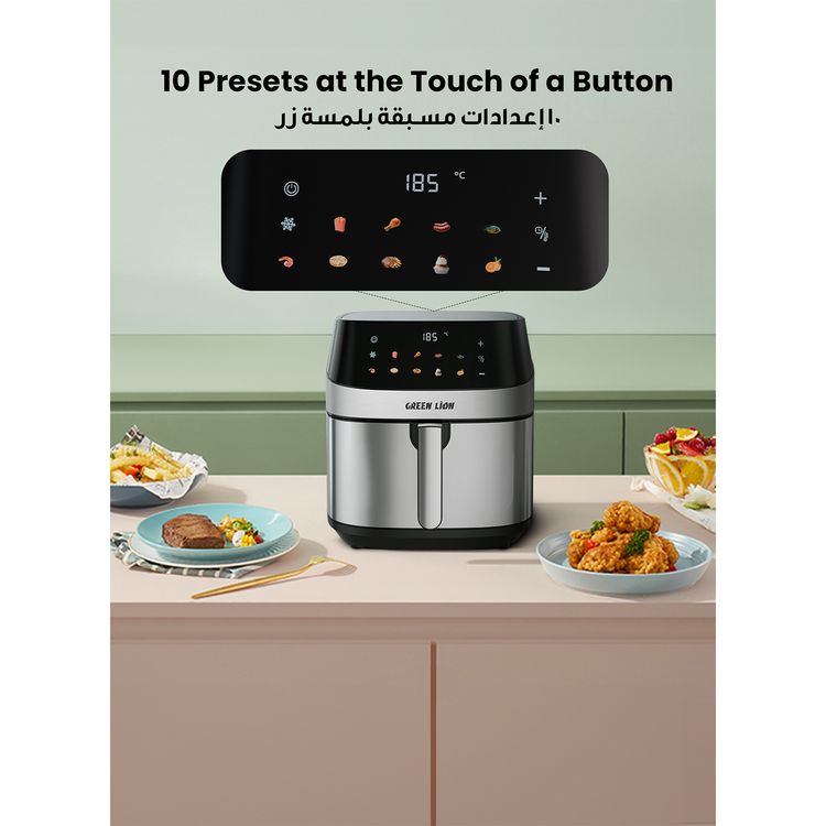 Green Lion Deluxe Air Fryer with LED Touch Screen, 8L Capacity, Up to 60 Minutes Frying Time, 10 Preset Programs, Rapid Air Circulation, 2200W Power, Non-Stick Coating - Black