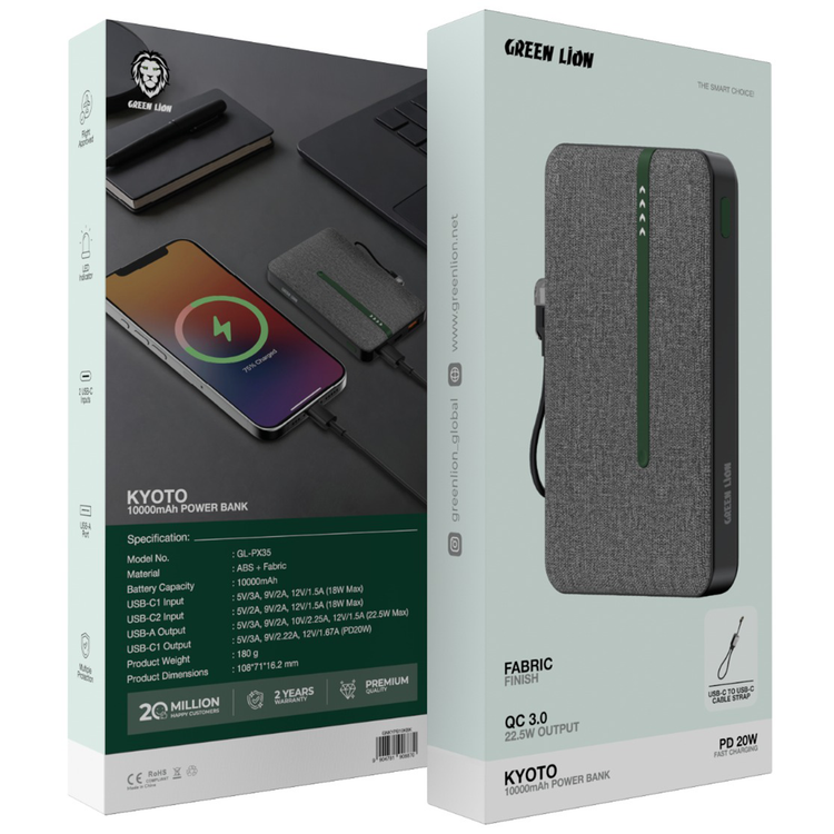Green Lion KYOTO 10000mAh Power Bank with USB-C to USB-C Cable Strap, LED Indicator, 20W PD Fast Charging, 22.5W Output Power, Flight Approved - Black 