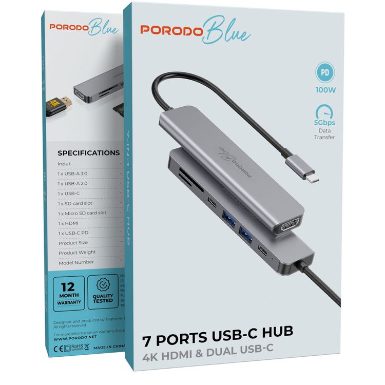 Porodo Blue 7 Ports USB-C HUB 4K HDMI & Dual USB-C, 100W PD, Card Reader, Plug and Play, Hot Swappable, Windows/Mac OS/Android - Gray
