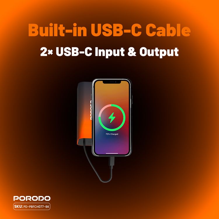 Porodo PB077 20000mAh Power Bank with  Integrated Type-C Cable, PD 20W, Type-C Ports, Portable Design, Fast Charge Support - Black