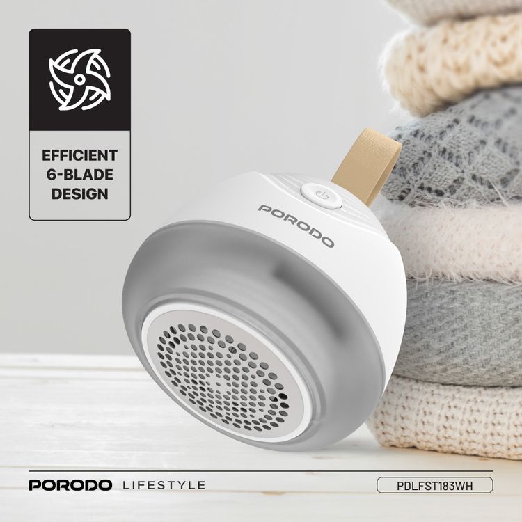 Porodo Lifestyle Fabric Shaver Lint & Bobbles Remover with Efficient 6-Blade Design, 5W Rated Power, 600mAh Battery Capacity, 1.5 Hours Working Time, USB-C Charging Interface, 7200RPM Motor Speed, 50mL Lint Bin Capacity - White