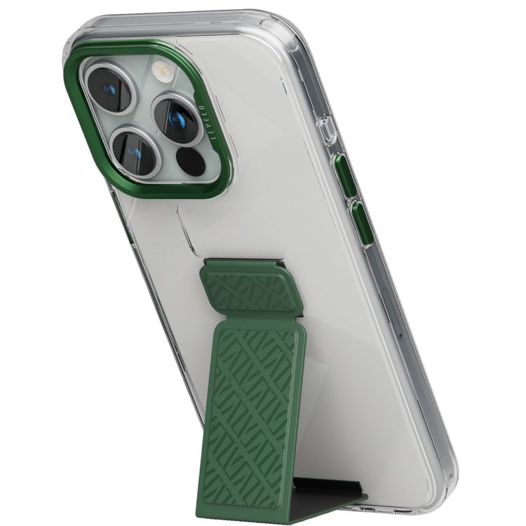حافظة Levelo Morphix Clara Grip لهاتف iPhone 15 Pro Max، مقبض من الجلد الفاخر، حواف مقاومة للصدمات، مقاومة للخدش 3H، زوايا معززة مع Airguard، أوضاع وضع متعددة للحماية القصوى والراحة - أخضر