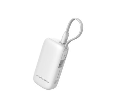 Powerology 5000mAh Power Bank with Removable USB-C Wire, Advanced Charging Technology, 2-Device Charging, Compact & Portable, Built-in Safeguards, 20W Power Delivery - White