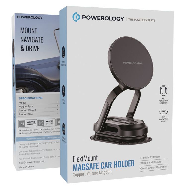 حامل سيارة باورولوجي فليكس ماونت ماج سيف بقاعدة دوارة 360 درجة، مغناطيسات قوية N52، دوران مرن، زاوية رؤية قابلة للتعديل - أسود