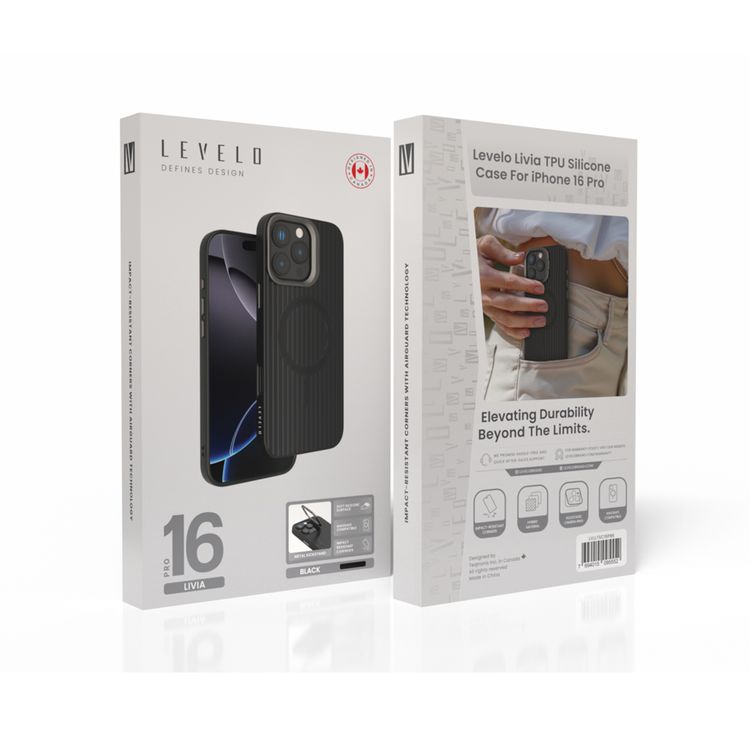 Levelo Livia Case for iPhone 16 Pro with MagSafe Compatibility, Impact-Resistant Corners, Built-in Kickstand, TPU with Silicone Surface, Metal Camera Ring - Black