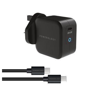 Powerology Ultra-Compact PD Charger with USB-C to USB-C Cable, 61W Power Delivery, 100% Charge in 2 Hours, UK 3-Pin Plug, Built-in Safeguards, Advanced GaN Technology - Black