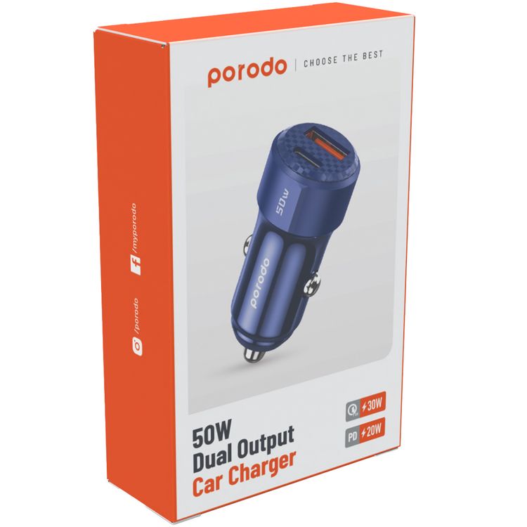 Porodo 50W Dual Port Car Charger, 20W Power Delivery, Simultaneous Fast Charging, 30W Quick Charge, Multi Protection, Carbon Fiber Print, Lightweight & Portable - Blue